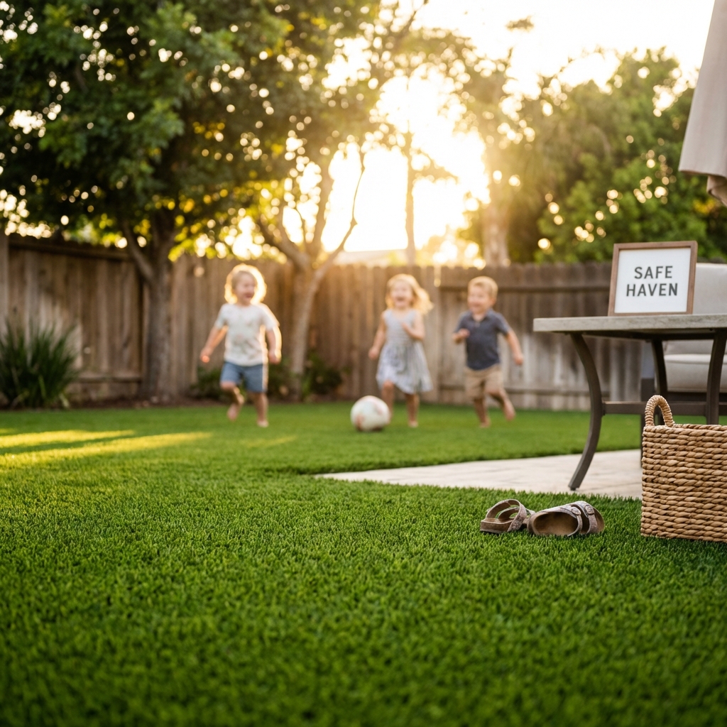 Family enjoying their clean artificial turf backyard
